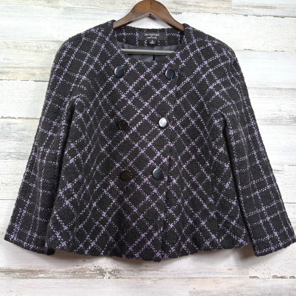 Signature by Larry Levine Black Purple Plaid‎ Boucle Wool Blend Swing Jacket 12
